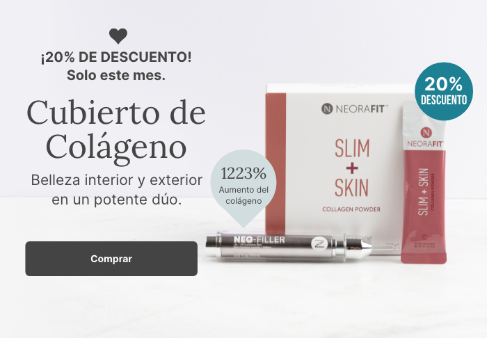 A promotional banner for a combo of Neora’s Neo-FILLER and NeoraFit Slim + Skin. Featured is text reading ”20% OFF this month only.” and a “Shop Now” button underneath it.
